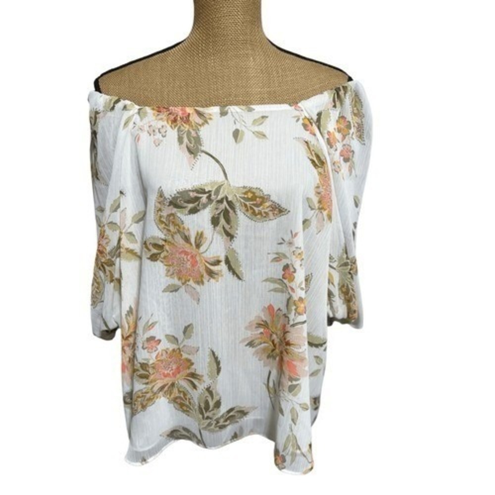 Cato Womens Off the Shoulder Blouse XL Floral White Boho Peasant Sheer Flowy Top - Picture 2 of 9